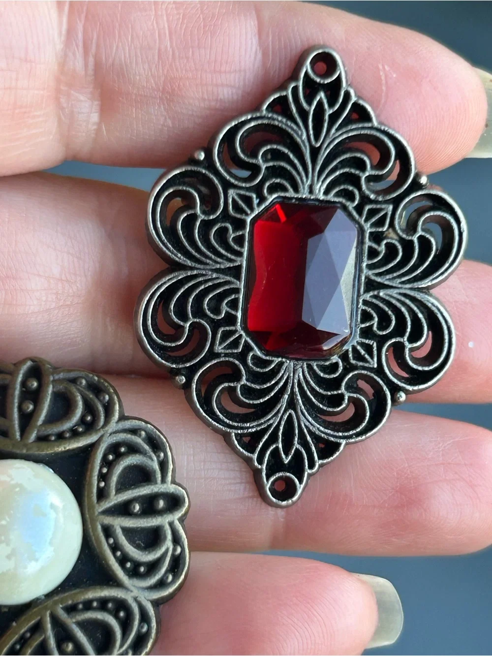 Vintage Scroll Work Brass Glass Brooch Lot